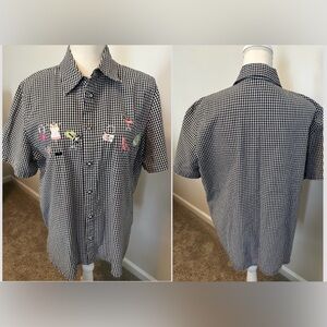 Vintage Koret Embroidered Top Black and White Checked Size L